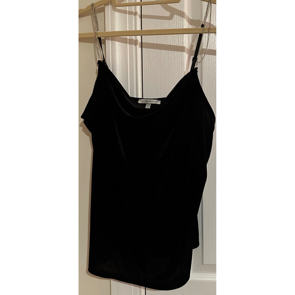 Tash Sophie Black Velvet Cami Top Rhinestone Chain Straps Tank Womens Size L